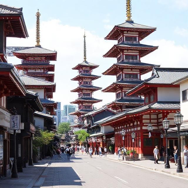 Kyoto street with pagodas and people walking
