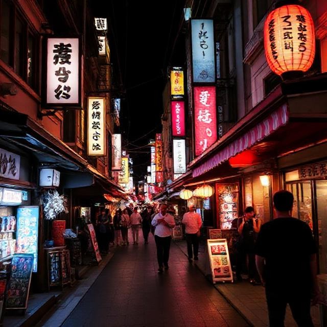 Kyoto nightlife with glowing lanterns, bars, and izakaya streets